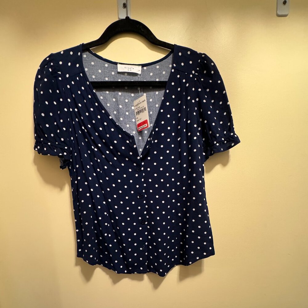 Brand New Navy Blue Polka Dot Button Down Blouse